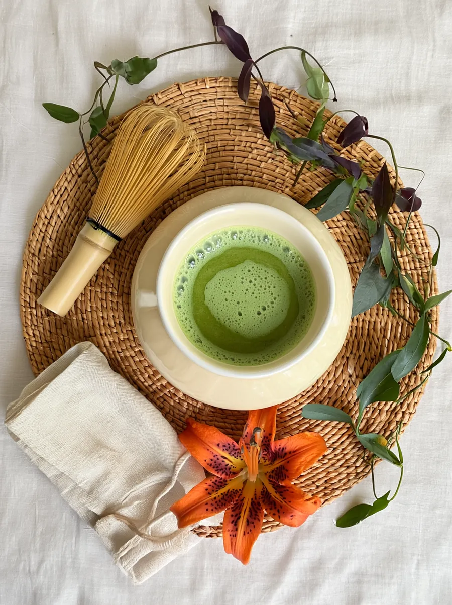Frothy green matcha in a cream bowl with a bamboo whisk