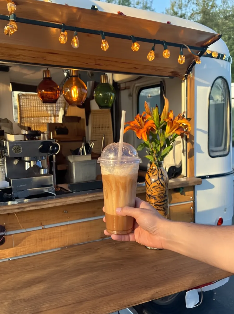 An iced latte handed across the trailer's walnut counter under amber string lights
