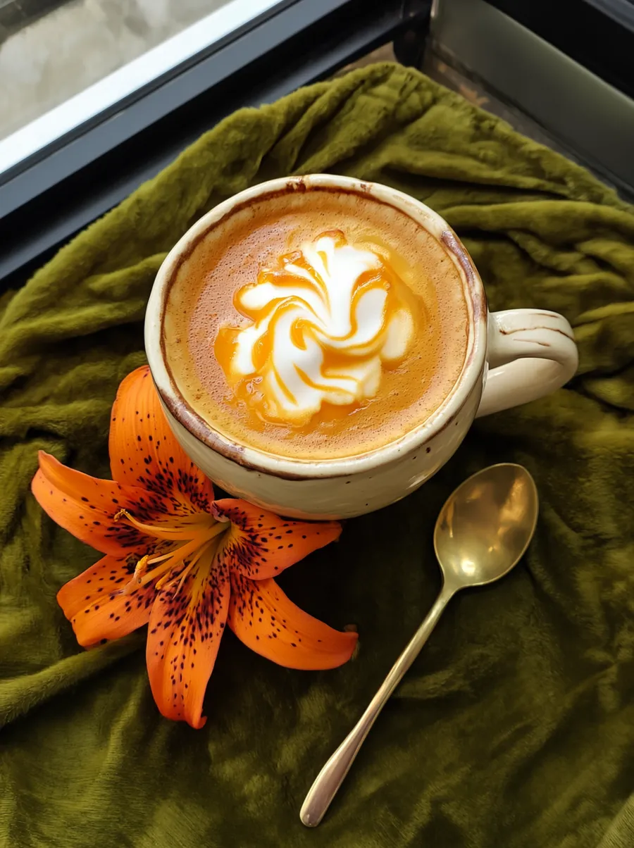 A honey and orange-blossom latte beside an orange tiger lily on olive velvet